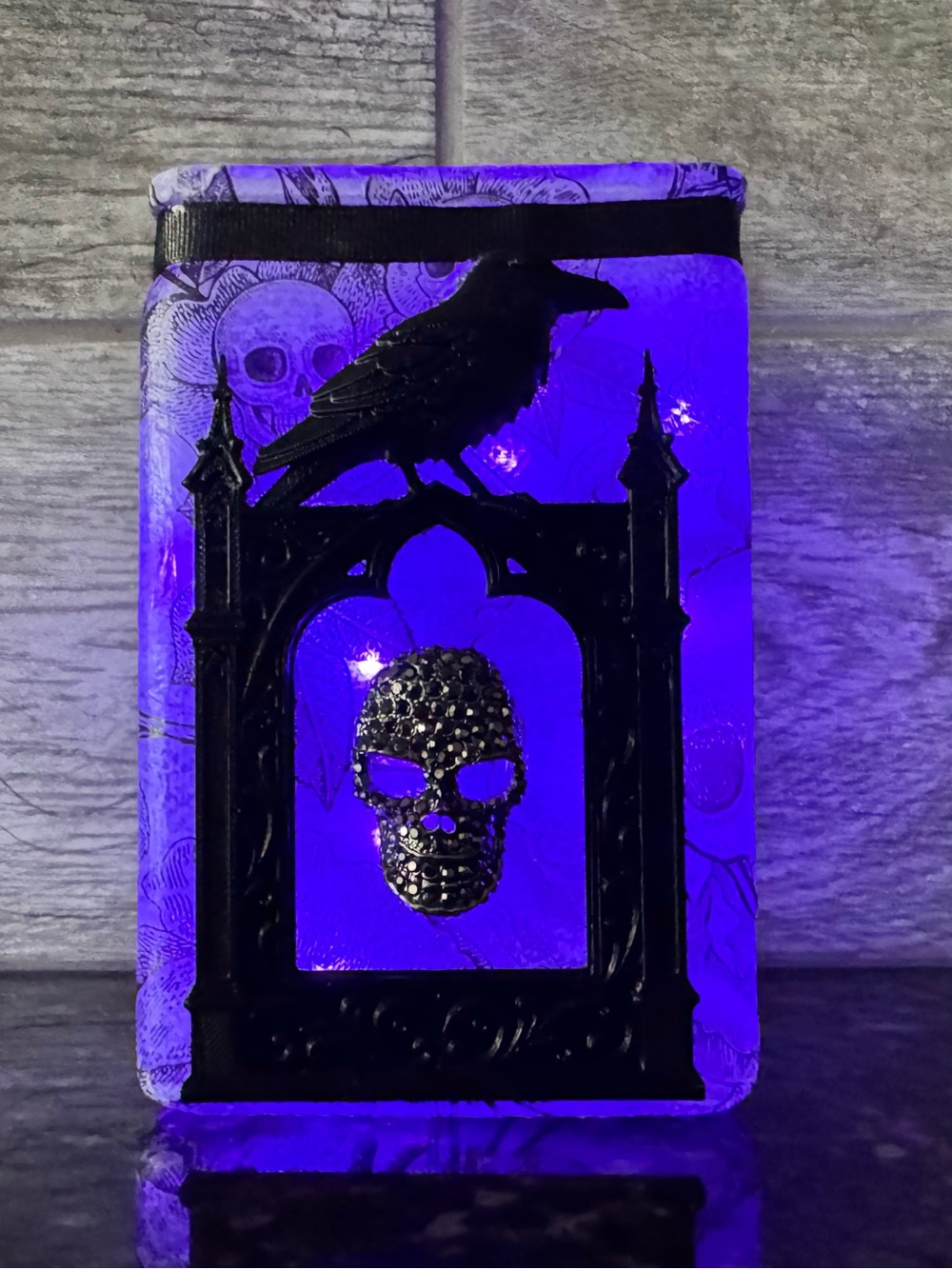 Gothic Raven Skull Wall candle holder with twinkle lights,Handcrafted 9”x 4”x 2”